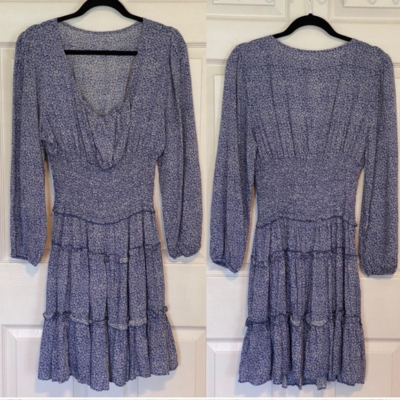 Blue White Floral Fit Flare Dress Mini Cinched Waist Garden Party Preppy Work XL - Picture 2 of 6